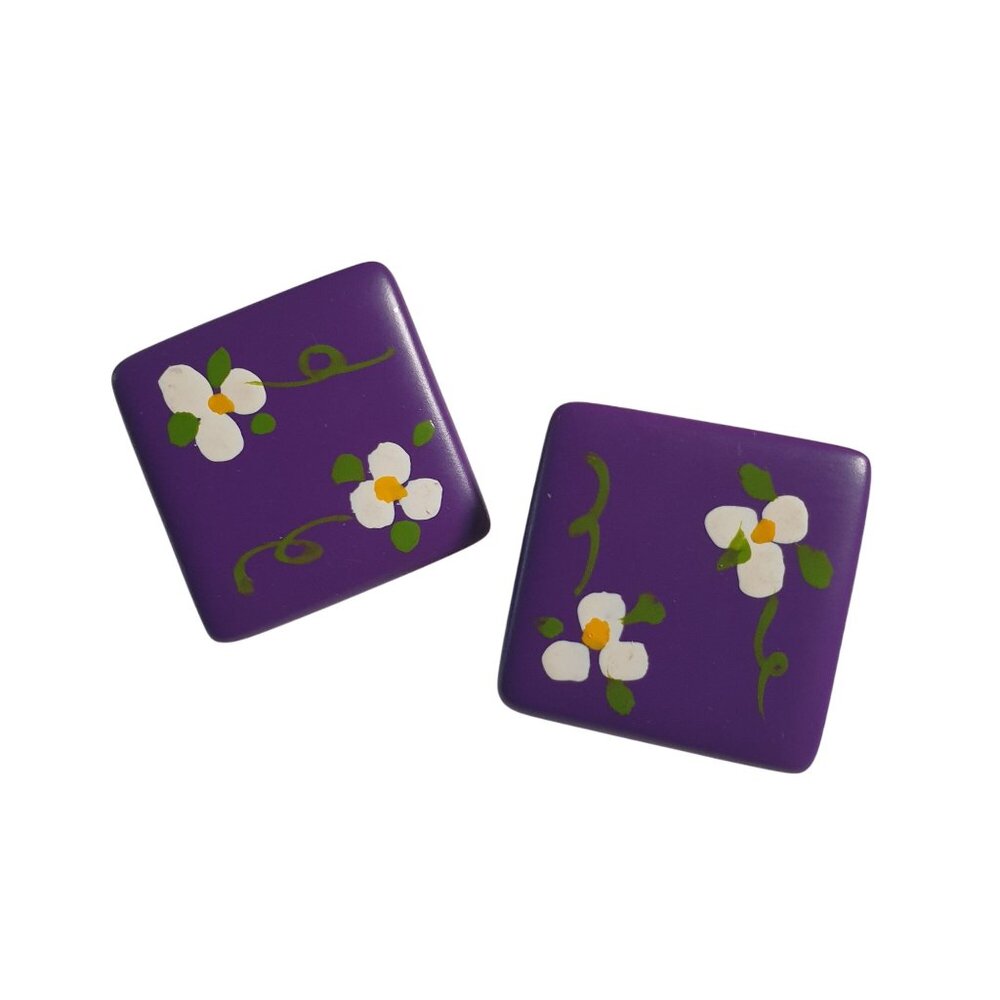 Hand Painted Purple Floral Clip On Earrings Square Gold Tone Backs Vintage Gift